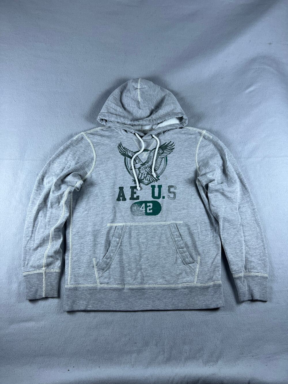 American Eagle Hoodie Mens M Gray Spellout Eagle Graphics Fleece Sweatshirt